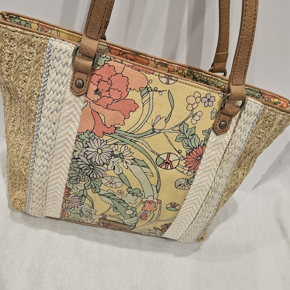Sakroots Yellow Floral Straw Tote with Tan Handles
